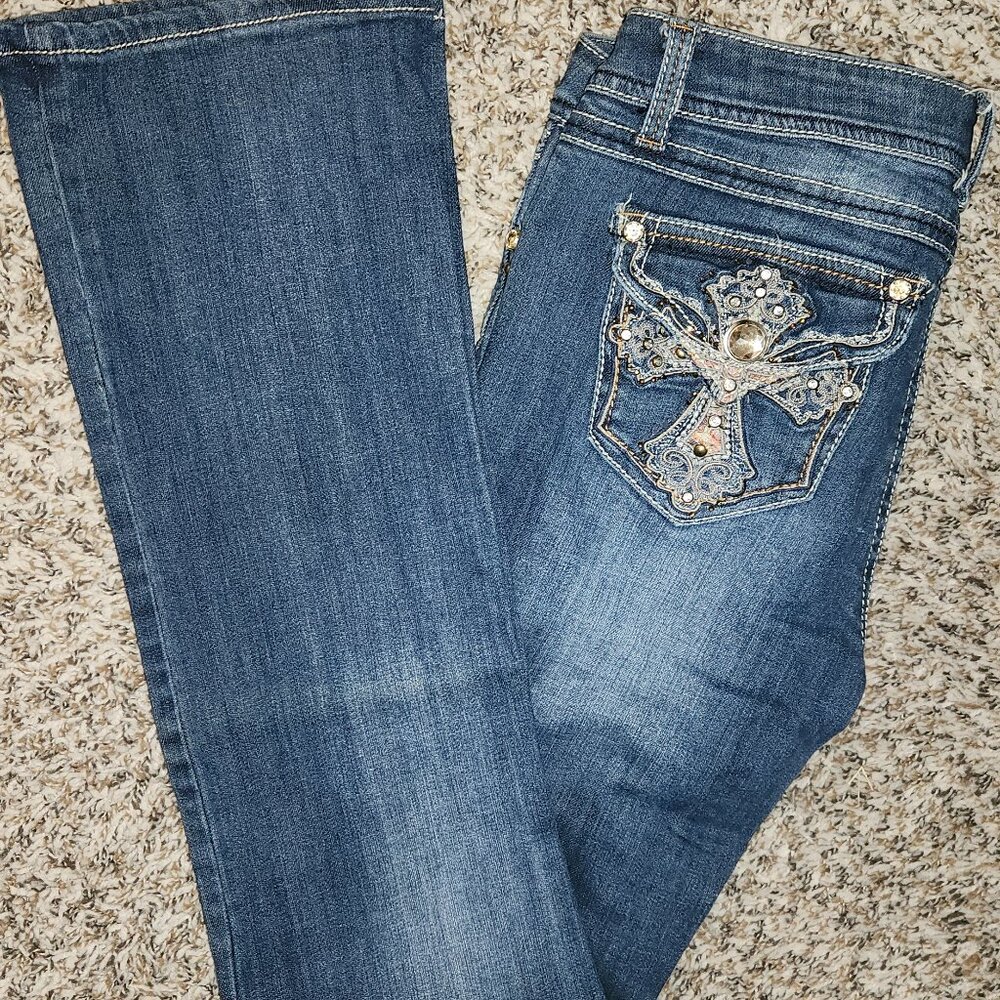 GRACE IN LA DENIM JEANS Cross Bling Rhinsetone Sz 8 WOMEN'S